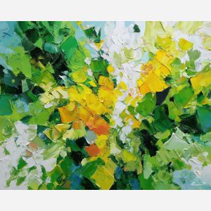 vivid, structure, spring abstract, abstract art, bright colors, green, yellow, violet, red, palette knife, oil painting, impasto, textured surface, modern abstract, color harmony, seasonal abstraction, expressive painting