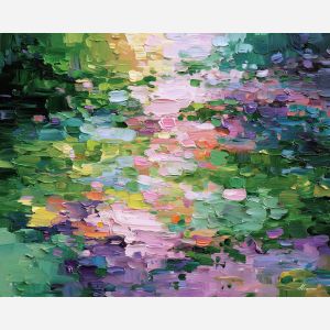 expanded, flow, spring abstract, abstract art, bright colors, green, yellow, violet, red, palette knife, oil painting, impasto, textured surface, modern abstract, color harmony, seasonal abstraction, expressive painting