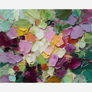 joyful, layers, spring abstract, abstract art, bright colors, green, yellow, violet, red, palette knife, oil painting, impasto, textured surface, modern abstract, color harmony, seasonal abstraction, expressive painting