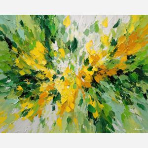 rising, rhythm, spring abstract, abstract art, bright colors, green, yellow, violet, red, palette knife, oil painting, impasto, textured surface, modern abstract, color harmony, seasonal abstraction, expressive painting