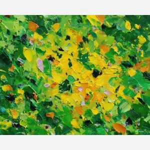 lively, energy, spring abstract, abstract art, bright colors, green, yellow, violet, red, palette knife, oil painting, impasto, textured surface, modern abstract, color harmony, seasonal abstraction, expressive painting