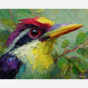 calm, silence, bird close up, spring animal, wildlife portrait, animal face, palette knife, oil painting, impasto, textured surface, expressive animal, modern wildlife art, spring colors, painterly portrait, seasonal art, nature, close crop