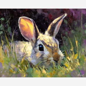 quiet, gaze, rabbit close up, spring animal, wildlife portrait, animal face, palette knife, oil painting, impasto, textured surface, expressive animal, modern wildlife art, spring colors, painterly portrait, seasonal art, nature, close crop