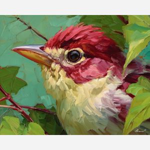 warm, detail, bird close up, spring animal, wildlife portrait, animal face, palette knife, oil painting, impasto, textured surface, expressive animal, modern wildlife art, spring colors, painterly portrait, seasonal art, nature, close crop