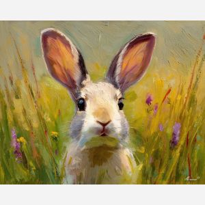 radiant, portrait, rabbit close up, spring animal, wildlife portrait, animal face, palette knife, oil painting, impasto, textured surface, expressive animal, modern wildlife art, spring colors, painterly portrait, seasonal art, nature, close crop