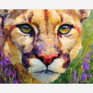 natural, look, puma close up, spring animal, wildlife portrait, animal face, palette knife, oil painting, impasto, textured surface, expressive animal, modern wildlife art, spring colors, painterly portrait, seasonal art, nature, close crop