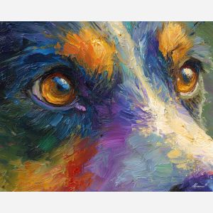 clear, expression, dog close up, spring animal, wildlife portrait, animal face, palette knife, oil painting, impasto, textured surface, expressive animal, modern wildlife art, spring colors, painterly portrait, seasonal art, nature, close crop