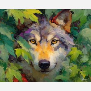 open, eyes, wolf close up, spring animal, wildlife portrait, animal face, palette knife, oil painting, impasto, textured surface, expressive animal, modern wildlife art, spring colors, painterly portrait, seasonal art, nature, close crop