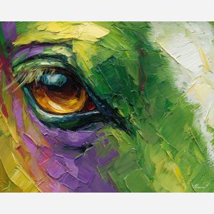 green, expression, horse close up, spring animal, wildlife portrait, animal face, palette knife, oil painting, impasto, textured surface, expressive animal, modern wildlife art, spring colors, painterly portrait, seasonal art, nature, close crop