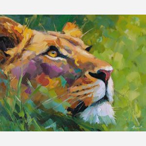 quiet, focus, lion close up, spring animal, wildlife portrait, animal face, palette knife, oil painting, impasto, textured surface, expressive animal, modern wildlife art, spring colors, painterly portrait, seasonal art, nature, close crop