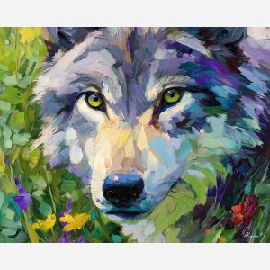 radiant, gaze, wolf close up, spring animal, wildlife portrait, animal face, palette knife, oil painting, impasto, textured surface, expressive animal, modern wildlife art, spring colors, painterly portrait, seasonal art, nature, close crop