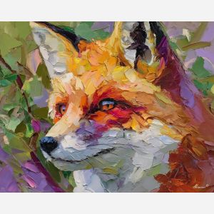gentle, head, fox close up, spring animal, wildlife portrait, animal face, palette knife, oil painting, impasto, textured surface, expressive animal, modern wildlife art, spring colors, painterly portrait, seasonal art, nature, close crop