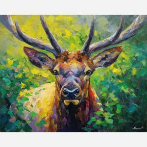 wild, look, elk close up, spring animal, wildlife portrait, animal face, palette knife, oil painting, impasto, textured surface, expressive animal, modern wildlife art, spring colors, painterly portrait, seasonal art, nature, close crop