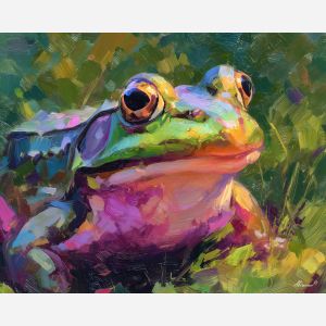 soft, profile, frog close up, spring animal, wildlife portrait, animal face, palette knife, oil painting, impasto, textured surface, expressive animal, modern wildlife art, spring colors, painterly portrait, seasonal art, nature, close crop