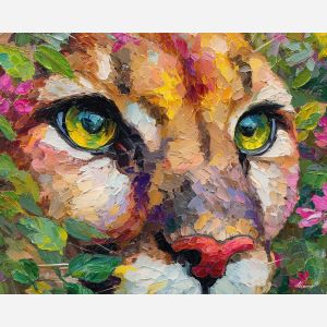 calm, view, puma close up, spring animal, wildlife portrait, animal face, palette knife, oil painting, impasto, textured surface, expressive animal, modern wildlife art, spring colors, painterly portrait, seasonal art, nature, close crop