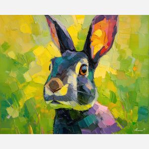 green, gaze, rabbit close up, spring animal, wildlife portrait, animal face, palette knife, oil painting, impasto, textured surface, expressive animal, modern wildlife art, spring colors, painterly portrait, seasonal art, nature, close crop