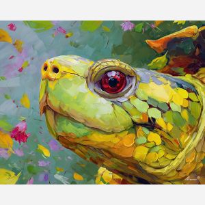 lively, profile, turtle close up, spring animal, wildlife portrait, animal face, palette knife, oil painting, impasto, textured surface, expressive animal, modern wildlife art, spring colors, painterly portrait, seasonal art, nature, close crop