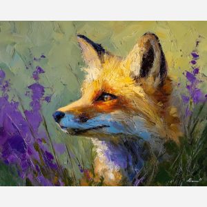 gentle, spirit, fox close up, spring animal, wildlife portrait, animal face, palette knife, oil painting, impasto, textured surface, expressive animal, modern wildlife art, spring colors, painterly portrait, seasonal art, nature, close crop