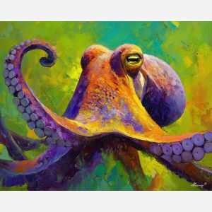 bright, features, octopus close up, spring animal, wildlife portrait, animal face, palette knife, oil painting, impasto, textured surface, expressive animal, modern wildlife art, spring colors, painterly portrait, seasonal art, nature, close crop