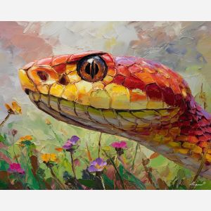 airy, stare, snake close up, spring animal, wildlife portrait, animal face, palette knife, oil painting, impasto, textured surface, expressive animal, modern wildlife art, spring colors, painterly portrait, seasonal art, nature, close crop