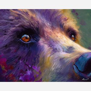 bright, silence, bear close up, spring animal, wildlife portrait, animal face, palette knife, oil painting, impasto, textured surface, expressive animal, modern wildlife art, spring colors, painterly portrait, seasonal art, nature, close crop