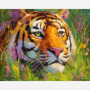 calm, features, tiger close up, spring animal, wildlife portrait, animal face, palette knife, oil painting, impasto, textured surface, expressive animal, modern wildlife art, spring colors, painterly portrait, seasonal art, nature, close crop