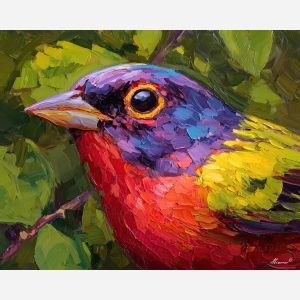 airy, view, bird close up, spring animal, wildlife portrait, animal face, palette knife, oil painting, impasto, textured surface, expressive animal, modern wildlife art, spring colors, painterly portrait, seasonal art, nature, close crop