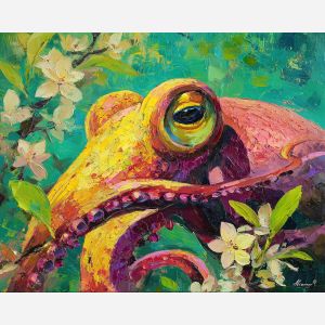 alive, features, octopus close up, spring animal, wildlife portrait, animal face, palette knife, oil painting, impasto, textured surface, expressive animal, modern wildlife art, spring colors, painterly portrait, seasonal art, nature, close crop