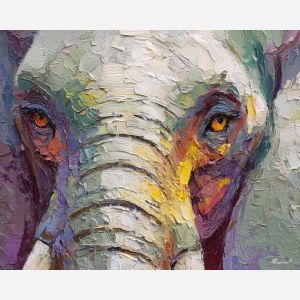 quiet, detail, elephant close up, spring animal, wildlife portrait, animal face, palette knife, oil painting, impasto, textured surface, expressive animal, modern wildlife art, spring colors, painterly portrait, seasonal art, nature, close crop