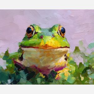 soft, stare, frog close up, spring animal, wildlife portrait, animal face, palette knife, oil painting, impasto, textured surface, expressive animal, modern wildlife art, spring colors, painterly portrait, seasonal art, nature, close crop