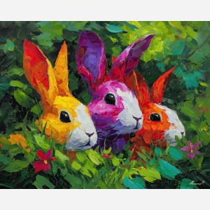 colorful, moment, spring animals, rabbits, wildlife art, nature scene, bright colors, palette knife, oil painting, impasto, textured surface, animal painting, springtime, modern wildlife art, painterly style, seasonal art, expressive painting