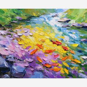 lively, rhythm, spring animals, fish, wildlife art, nature scene, bright colors, palette knife, oil painting, impasto, textured surface, animal painting, springtime, modern wildlife art, painterly style, seasonal art, expressive painting