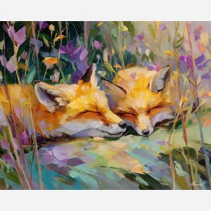 fresh, balance, spring animals, foxes, wildlife art, nature scene, bright colors, palette knife, oil painting, impasto, textured surface, animal painting, springtime, modern wildlife art, painterly style, seasonal art, expressive painting