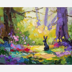 spring, place, spring animals, rabbits, wildlife art, nature scene, bright colors, palette knife, oil painting, impasto, textured surface, animal painting, springtime, modern wildlife art, painterly style, seasonal art, expressive painting
