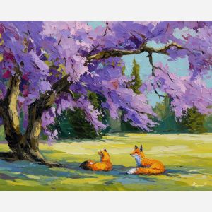 lively, view, spring animals, foxes, wildlife art, nature scene, bright colors, palette knife, oil painting, impasto, textured surface, animal painting, springtime, modern wildlife art, painterly style, seasonal art, expressive painting