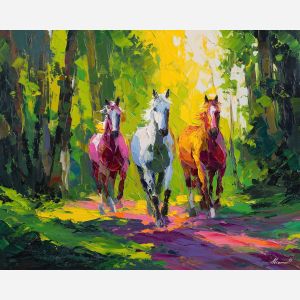 natural, scene, spring animals, horses, wildlife art, nature scene, bright colors, palette knife, oil painting, impasto, textured surface, animal painting, springtime, modern wildlife art, painterly style, seasonal art, expressive painting