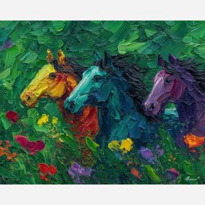 blooming, motion, spring animals, horses, wildlife art, nature scene, bright colors, palette knife, oil painting, impasto, textured surface, animal painting, springtime, modern wildlife art, painterly style, seasonal art, expressive painting