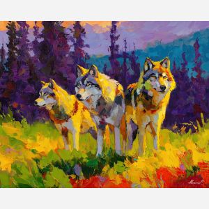 warm, air, spring animals, wolves, wildlife art, nature scene, bright colors, palette knife, oil painting, impasto, textured surface, animal painting, springtime, modern wildlife art, painterly style, seasonal art, expressive painting