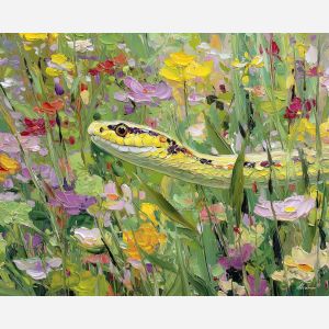 airy, air, spring animals, snakes, wildlife art, nature scene, bright colors, palette knife, oil painting, impasto, textured surface, animal painting, springtime, modern wildlife art, painterly style, seasonal art, expressive painting