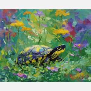open, field, spring animals, turtles, wildlife art, nature scene, bright colors, palette knife, oil painting, impasto, textured surface, animal painting, springtime, modern wildlife art, painterly style, seasonal art, expressive painting