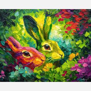 fresh, space, spring animals, hares, wildlife art, nature scene, bright colors, palette knife, oil painting, impasto, textured surface, animal painting, springtime, modern wildlife art, painterly style, seasonal art, expressive painting