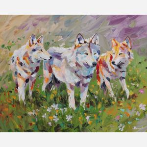 soft, ground, spring animals, wolves, wildlife art, nature scene, bright colors, palette knife, oil painting, impasto, textured surface, animal painting, springtime, modern wildlife art, painterly style, seasonal art, expressive painting