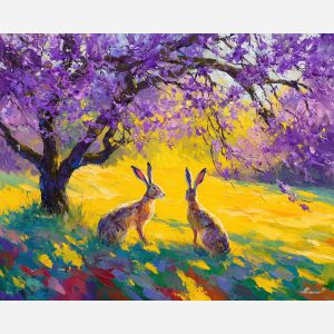 sunlit, place, spring animals, hares, wildlife art, nature scene, bright colors, palette knife, oil painting, impasto, textured surface, animal painting, springtime, modern wildlife art, painterly style, seasonal art, expressive painting