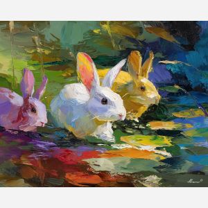 airy, space, spring animals, rabbits, wildlife art, nature scene, bright colors, palette knife, oil painting, impasto, textured surface, animal painting, springtime, modern wildlife art, painterly style, seasonal art, expressive painting