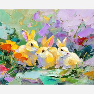lively, breeze, spring animals, rabbits, wildlife art, nature scene, bright colors, palette knife, oil painting, impasto, textured surface, animal painting, springtime, modern wildlife art, painterly style, seasonal art, expressive painting