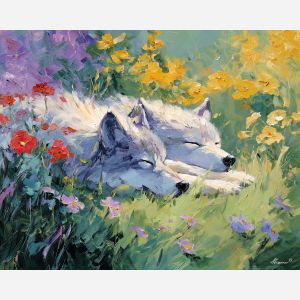 bright, breeze, spring animals, wolves, wildlife art, nature scene, bright colors, palette knife, oil painting, impasto, textured surface, animal painting, springtime, modern wildlife art, painterly style, seasonal art, expressive painting
