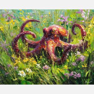 sunlit, field, spring animals, octopi, wildlife art, nature scene, bright colors, palette knife, oil painting, impasto, textured surface, animal painting, springtime, modern wildlife art, painterly style, seasonal art, expressive painting