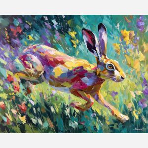 fresh, growth, spring animals, hares, wildlife art, nature scene, bright colors, palette knife, oil painting, impasto, textured surface, animal painting, springtime, modern wildlife art, painterly style, seasonal art, expressive painting
