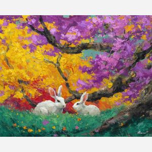 vivid, life, spring animals, rabbits, wildlife art, nature scene, bright colors, palette knife, oil painting, impasto, textured surface, animal painting, springtime, modern wildlife art, painterly style, seasonal art, expressive painting