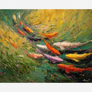 flowing, ground, spring animals, fish, wildlife art, nature scene, bright colors, palette knife, oil painting, impasto, textured surface, animal painting, springtime, modern wildlife art, painterly style, seasonal art, expressive painting